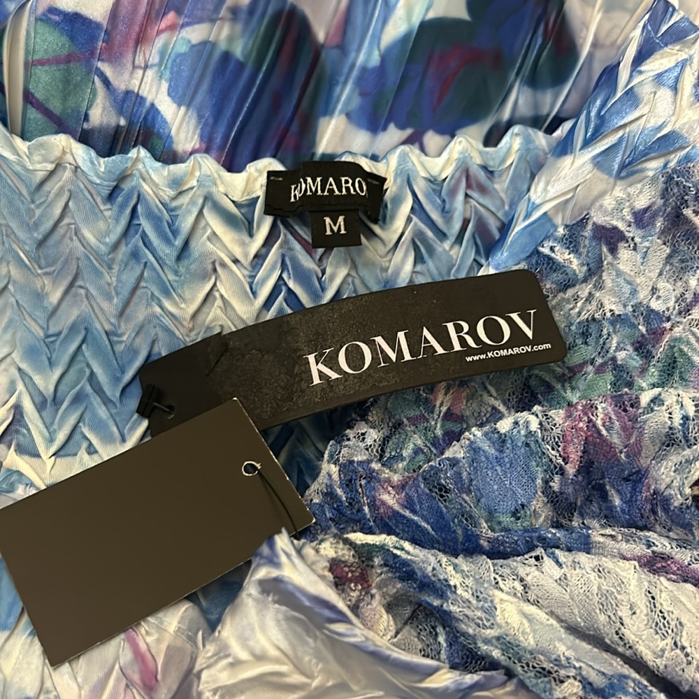 Komarov Charmeuse Floral Print Lace Insert VNeck 3/4 Sleeve Pleated A-Line Dress - Picture 6 of 6